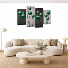 LR Green Floral Rose Wall Art Picture – Grey Framed 4 Panel Split Canvas Print | Ready to Hang | Modern Wall Art for Living Room, Bedroom & Office