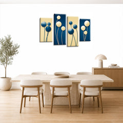 LR Floral Rose Wall Art Picture – Blue & Cream Framed 4 Panel Split Canvas Print | Ready to Hang | Modern Wall Art for Living Room, Bedroom & Office
