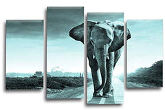 LR Elephant Sunset Wall Art Picture Duck Egg Grey Animal Africa Framed Split Canvas Print Ready to Hang