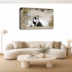 LR Banksy Maid Sweeping Wall Art Picture – Graffiti Art Framed Canvas Print | Ready to Hang | Modern Wall Art for Living Room, Bedroom & Office