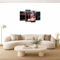 LR Red Waterfall Wall Art Picture – Black & White Forest Framed 4 Panel Split Canvas Print | Ready to Hang | Modern Wall Art for Living Room, Bedroom & Office