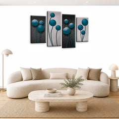 LR Teal Floral Rose Wall Art Picture – Grey Framed 4 Panel Split Canvas Print | Ready to Hang | Modern Wall Art for Living Room, Bedroom & Office