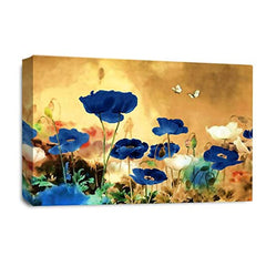 LR Floral Rose Poppy Wall Art Picture – Blue & Cream Framed Canvas Print | Ready to Hang | Modern Wall Art for Living Room, Bedroom & Office