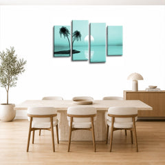 LR Sunset Beach Wall Art Picture – Teal Seascape Framed 4 Panel Split Canvas Print | Ready to Hang | Modern Wall Art for Living Room, Bedroom & Office