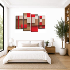 LR Red Abstract Wall Art Picture – Cream Modern Framed 4 Panel Split Canvas Print | Ready to Hang | Modern Wall Art for Living Room, Bedroom & Office