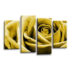 LR Floral Mustard Rose Love Art Wall Art Picture – Grey, White Framed 4 Panel Split Canvas Print | Ready to Hang | Modern Wall Art for Living Room, Bedroom & Office