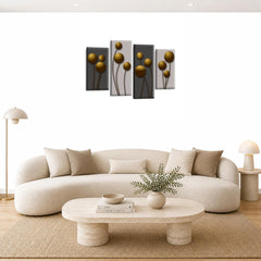 LR Gold Floral Rose Wall Art Picture – Grey Framed 4 Panel Split Canvas Print | Ready to Hang | Modern Wall Art for Living Room, Bedroom & Office