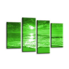 LR Sunset Beach Wall Art Picture – Green & Cream Seascape Framed 4 Panel Split Canvas Print | Ready to Hang | Modern Wall Art for Living Room, Bedroom & Office