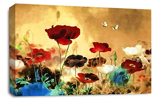 LR Floral Rose Poppy Wall Art Picture Cream Red Chinese Flower Framed Canvas Print Ready to Hang