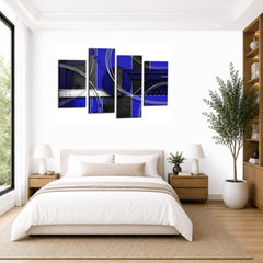 LR Abstract Wall Art Picture – Grey, Blue & White Modern Framed 4 Panel Split Canvas Print | Ready to Hang | Modern Wall Art for Living Room, Bedroom & Office