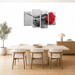 LR Red Rose Floral Wall Art Picture Framed 4 Panel Split Canvas Print | Ready to Hang | Modern Wall Art for Living Room, Bedroom & Office