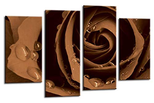 LR Floral Grey Rose Wall Art Picture – Brown Framed 4 Panel Split Canvas Print | Ready to Hang | Modern Wall Art for Living Room, Bedroom & Office