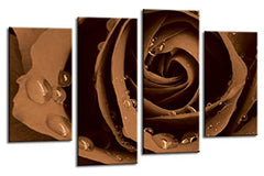 LR Floral Grey Rose Wall Art Picture – Brown Framed 4 Panel Split Canvas Print | Ready to Hang | Modern Wall Art for Living Room, Bedroom & Office