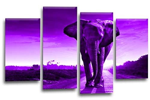 LR Elephant Sunset Wall Art Picture – Purple & Grey African Framed 4 Panel Split Canvas Print | Ready to Hang | Modern Wall Art for Living Room, Bedroom & Office