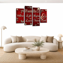 LR Family Love Quote Wall Art Picture – Red & Cream Framed 4 Panel Split Canvas Print | Ready to Hang | Modern Wall Art for Living Room, Bedroom & Office