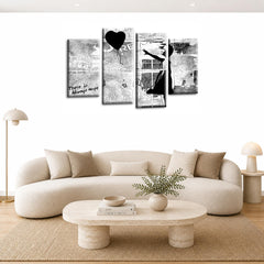 LR Banksy Heart Wall Art Picture – Grey & Black Graffiti Art Framed 4 Panel Split Canvas Print | Ready to Hang | Modern Wall Art for Living Room, Bedroom & Office