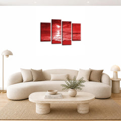 LR Sunset Beach Wall Art Picture – Red & Cream Seascape Framed 4 Panel Split Canvas Print | Ready to Hang | Modern Wall Art for Living Room, Bedroom & Office