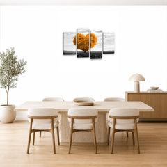LR Floral Love Heart Wall Art Picture – Grey & Orange Tree Framed 4 Panel Split Canvas Print | Ready to Hang | Modern Wall Art for Living Room, Bedroom & Office