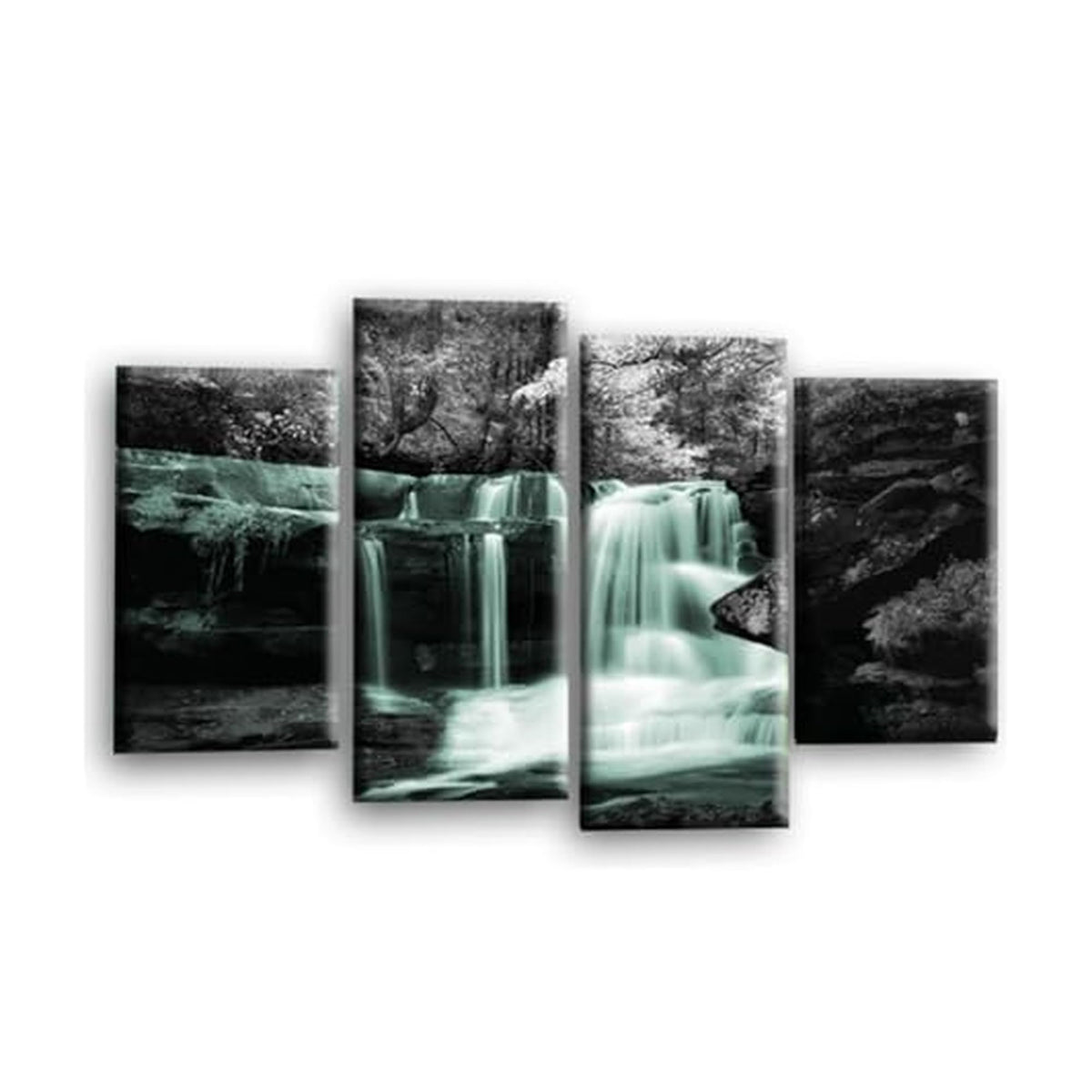 LR Waterfall Wall Art Picture – Grey, White & Duck Egg Forest Framed 4 Panel Split Canvas Print | Ready to Hang | Modern Wall Art for Living Room, Bedroom & Office