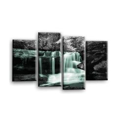 LR Waterfall Wall Art Picture – Grey, White & Duck Egg Forest Framed 4 Panel Split Canvas Print | Ready to Hang | Modern Wall Art for Living Room, Bedroom & Office