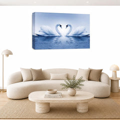 LR Love Heart Swans Wall Art Picture – Blue & White Framed Canvas Print | Ready to Hang | Modern Wall Art for Living Room, Bedroom & Office