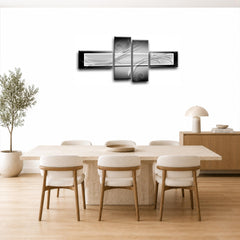 LR Abstract Wall Art Picture – Grey, Black & White Modern Framed 4 Panel Split Canvas Print | Ready to Hang | Modern Wall Art for Living Room, Bedroom & Office