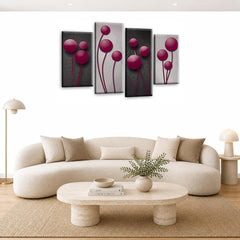 LR Purple Floral Rose Wall Art Picture – Grey Framed 4 Panel Split Canvas Print | Ready to Hang | Modern Wall Art for Living Room, Bedroom & Office