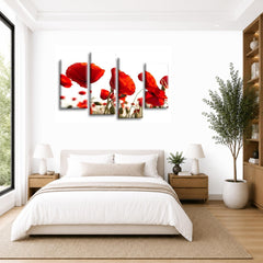 LR Floral Rose Poppy Wall Art Picture – Red & White Framed 4 Panel Split Canvas Print | Ready to Hang | Modern Wall Art for Living Room, Bedroom & Office