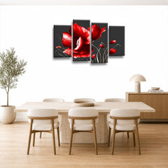 LR Floral Rose Grey Red Flower Wall Art Picture Framed 4 Panel Split Canvas Print | Ready to Hang | Modern Wall Art for Living Room, Bedroom & Office