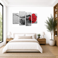 LR Red Rose Floral Wall Art Picture Framed 4 Panel Split Canvas Print | Ready to Hang | Modern Wall Art for Living Room, Bedroom & Office