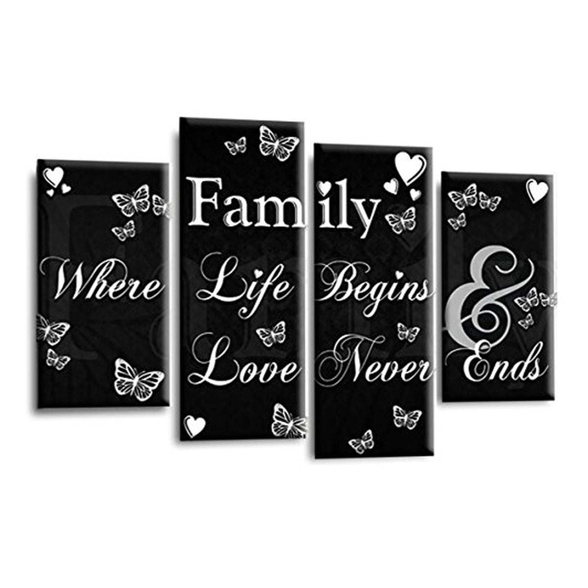 LR Family Love Quote Wall Art Picture – Black & White Framed 4 Panel Split Canvas Print | Ready to Hang | Modern Wall Art for Living Room, Bedroom & Office