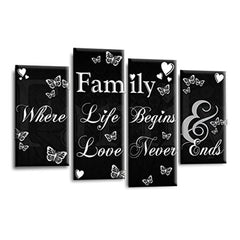 LR Family Love Quote Wall Art Picture – Black & White Framed 4 Panel Split Canvas Print | Ready to Hang | Modern Wall Art for Living Room, Bedroom & Office