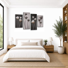 LR Floral Wall Art Picture – Grey Framed 4 Panel Split Canvas Print | Ready to Hang | Modern Wall Art for Living Room, Bedroom & Office