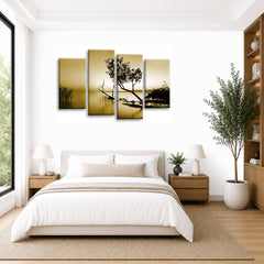 LR Sunset Landscape Lake Wall Art Picture – Cream & Brown Floral Framed 4 Panel Split Canvas Print | Ready to Hang | Modern Wall Art for Living Room, Bedroom & Office
