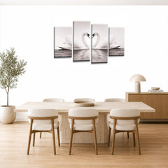 LR Love Heart Swans Wall Art Picture – Grey, Cream & White Framed 4 Panel Split Canvas Print | Ready to Hang | Modern Wall Art for Living Room, Bedroom & Office