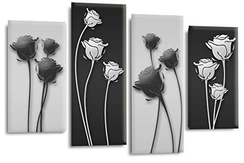 LR Grey Floral Rose Wall Art Picture Framed 4 Panel Split Canvas Print | Ready to Hang | Modern Wall Art for Living Room, Bedroom & Office