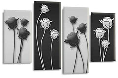 LR Grey Floral Rose Wall Art Picture Framed 4 Panel Split Canvas Print | Ready to Hang | Modern Wall Art for Living Room, Bedroom & Office