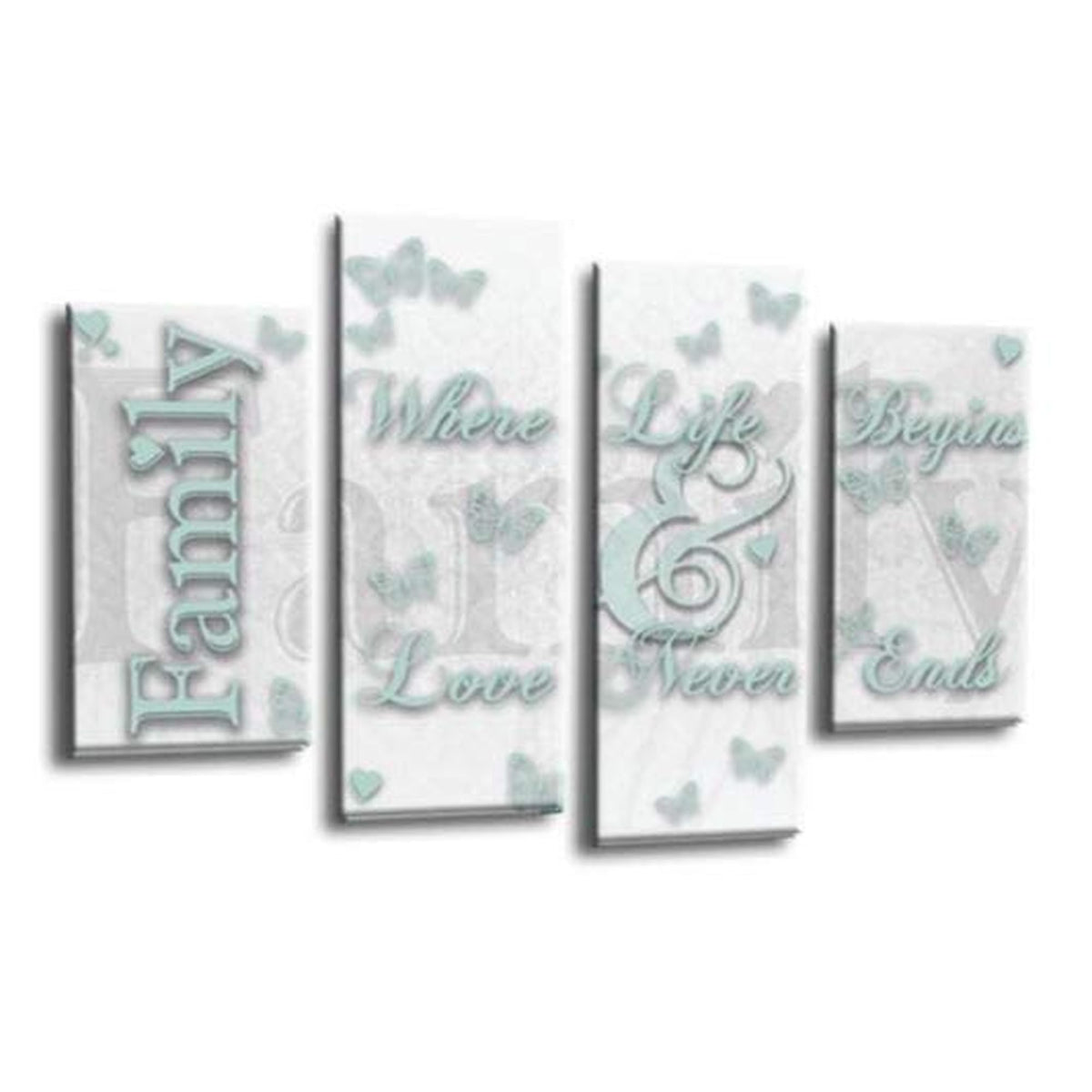 LR Family Love Quote Wall Art Picture – White & Duck Egg Framed 4 Panel Split Canvas Print | Ready to Hang | Modern Wall Art for Living Room, Bedroom & Office