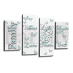 LR Family Love Quote Wall Art Picture – White & Duck Egg Framed 4 Panel Split Canvas Print | Ready to Hang | Modern Wall Art for Living Room, Bedroom & Office
