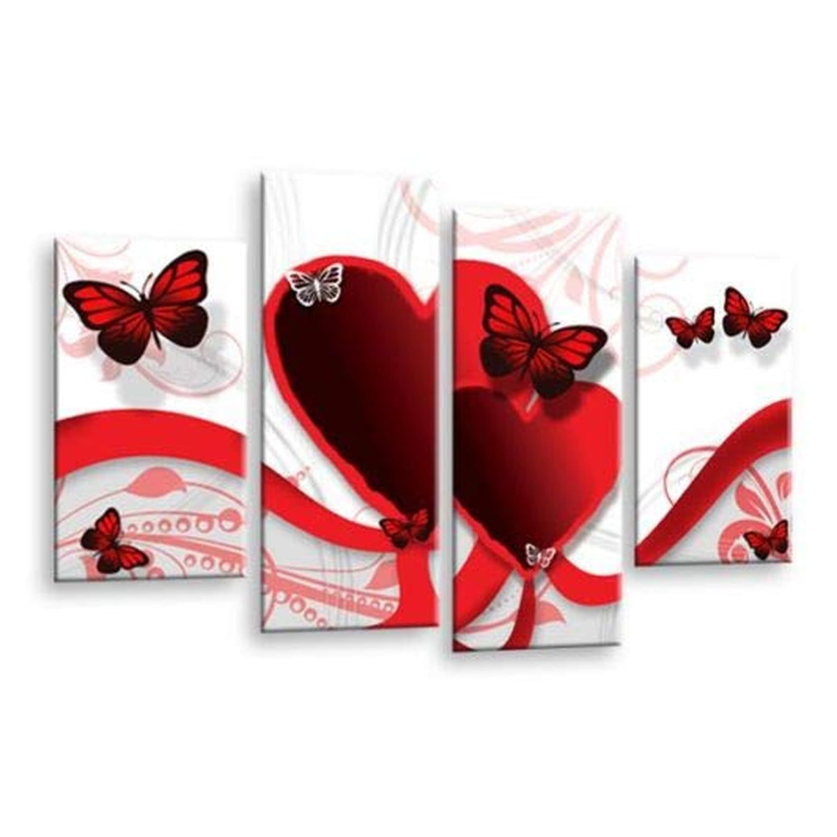 LR Butterfly Heart Wall Art Picture – Red & White Floral Abstract Framed 4 Panel Split Canvas Print | Ready to Hang | Modern Wall Art for Living Room, Bedroom & Office