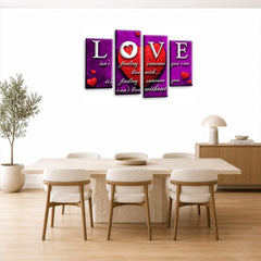LR Love Wall Art Picture – Purple & Red Quote Framed 4 Panel Split Canvas Print | Ready to Hang | Modern Wall Art for Living Room, Bedroom & Office