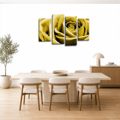 LR Floral Mustard Rose Love Art Wall Art Picture – Grey, White Framed 4 Panel Split Canvas Print | Ready to Hang | Modern Wall Art for Living Room, Bedroom & Office