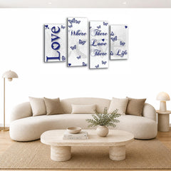 LR Love Wall Art Picture – Blue & White Quote Framed 4 Panel Split Canvas Print | Ready to Hang | Modern Wall Art for Living Room, Bedroom & Office