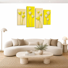 LR Floral Rose Wall Art Picture – Yellow & Cream Framed 4 Panel Split Canvas Print | Ready to Hang | Modern Wall Art for Living Room, Bedroom & Office