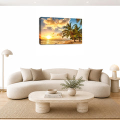 LR Sunset Beach Tropical Wall Art Picture – Seascape Framed Canvas Print | Ready to Hang | Modern Wall Art for Living Room, Bedroom & Office
