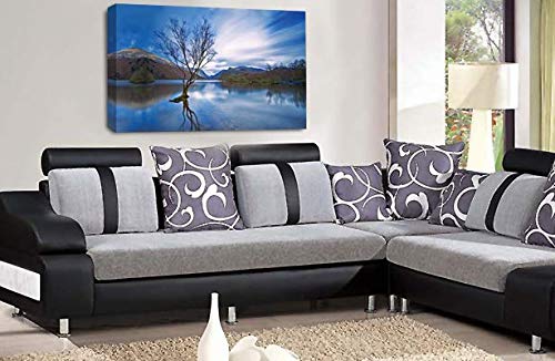 LR Landscape Sunset Wall Art Picture Blue Cream Seascape Lake Reflection Canvas Framed Print Ready to Hang