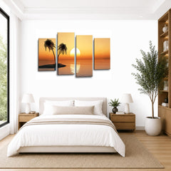 LR Sunset Beach Wall Art Picture – Teal Seascape Framed 4 Panel Split Canvas Print | Ready to Hang | Modern Wall Art for Living Room, Bedroom & Office