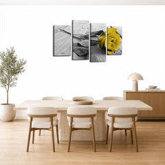 LR Floral Mustard Rose Wall Art Picture – Grey, White Framed 4 Panel Split Canvas Print | Ready to Hang | Modern Wall Art for Living Room, Bedroom & Office