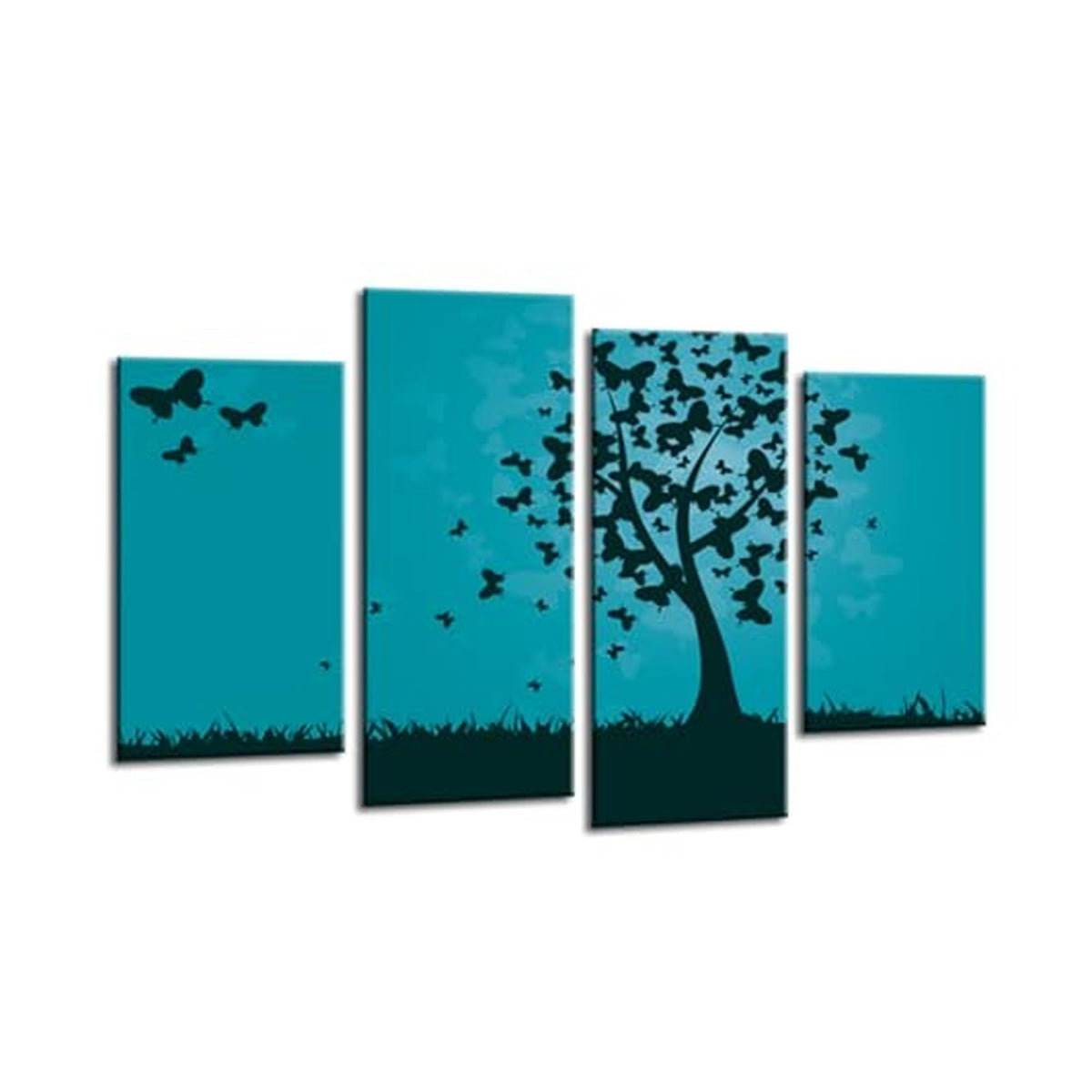 LR Floral Abstract Wall Art Picture – Grey & Teal Butterfly Framed 4 Panel Split Canvas Print | Ready to Hang | Modern Wall Art for Living Room, Bedroom & Office