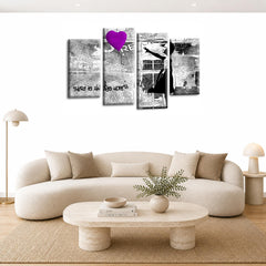 LR Banksy Heart Wall Art Picture – Purple & Grey Graffiti Art Framed 4 Panel Split Canvas Print | Ready to Hang | Modern Wall Art for Living Room, Bedroom & Office